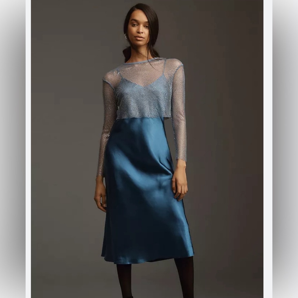 Dolan Left Coast Long Sleeve Mesh Mockable Midi Slip Dress Blue Size XS